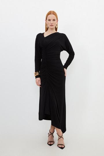 Jersey Crepe Ruched Long Sleeve Maxi Dress