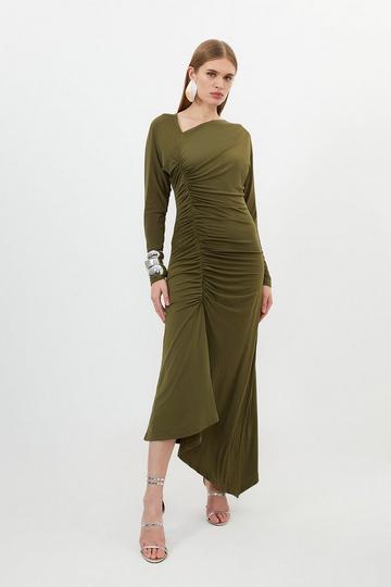 Jersey Crepe Ruched Long Sleeve Midi Dress khaki