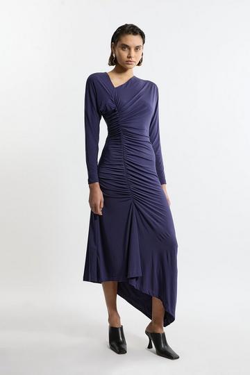 Navy Jersey Crepe Ruched Long Sleeve Midi Dress