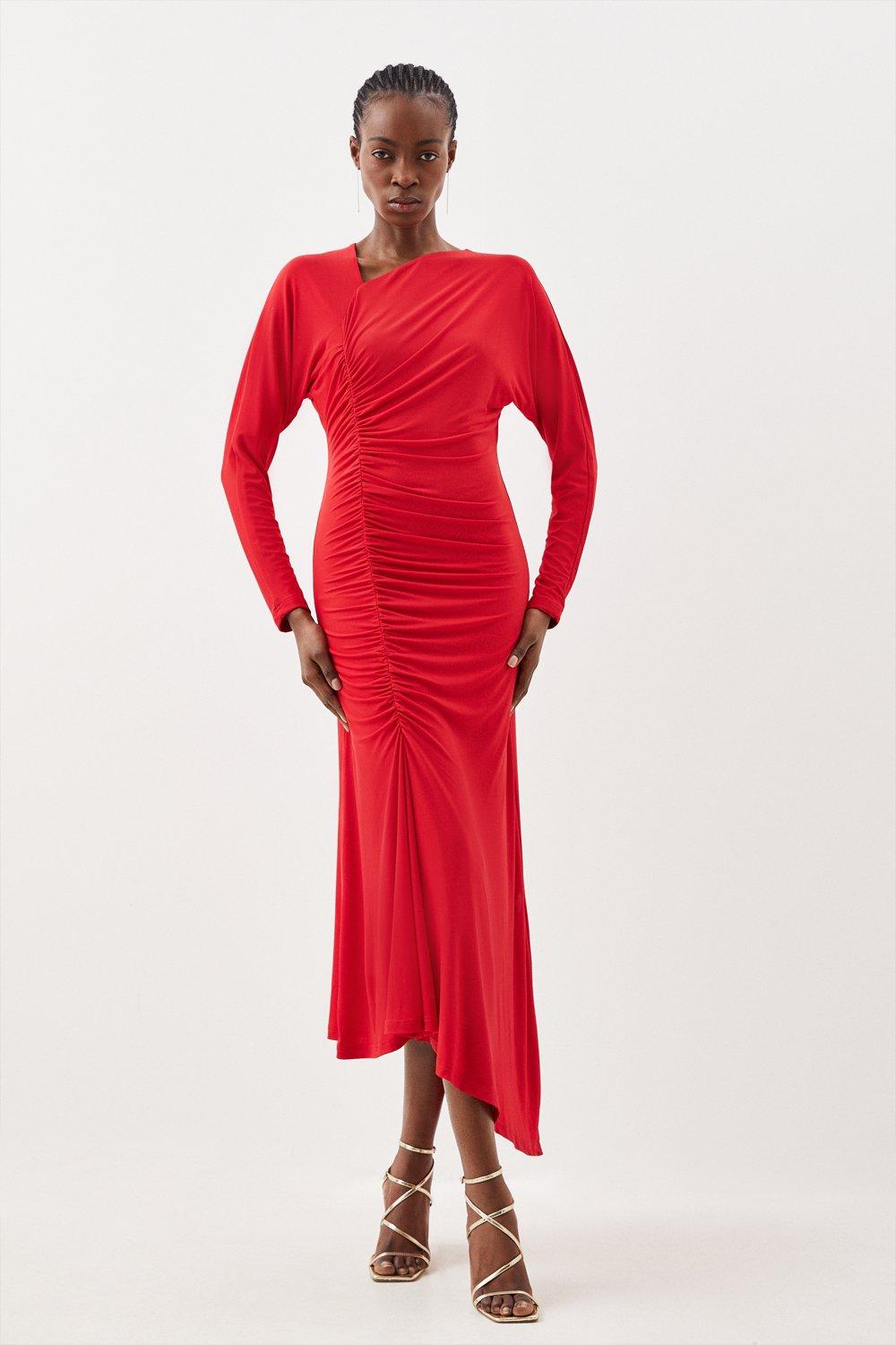 Jersey Crepe Ruched Long Sleeve Midi Dress | Karen Millen