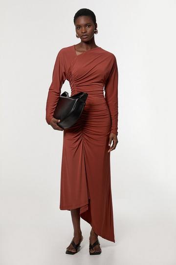 Jersey Crepe Ruched Long Sleeve Maxi Dress rust