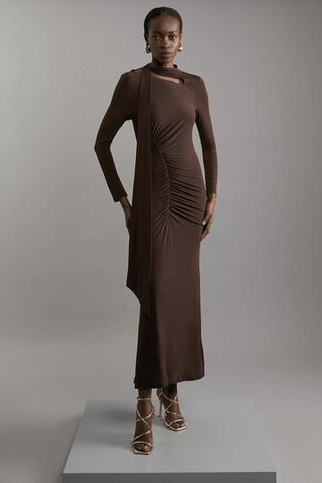 Jersey Crepe Ruched Tie Long Sleeve Maxi Dress chocolate