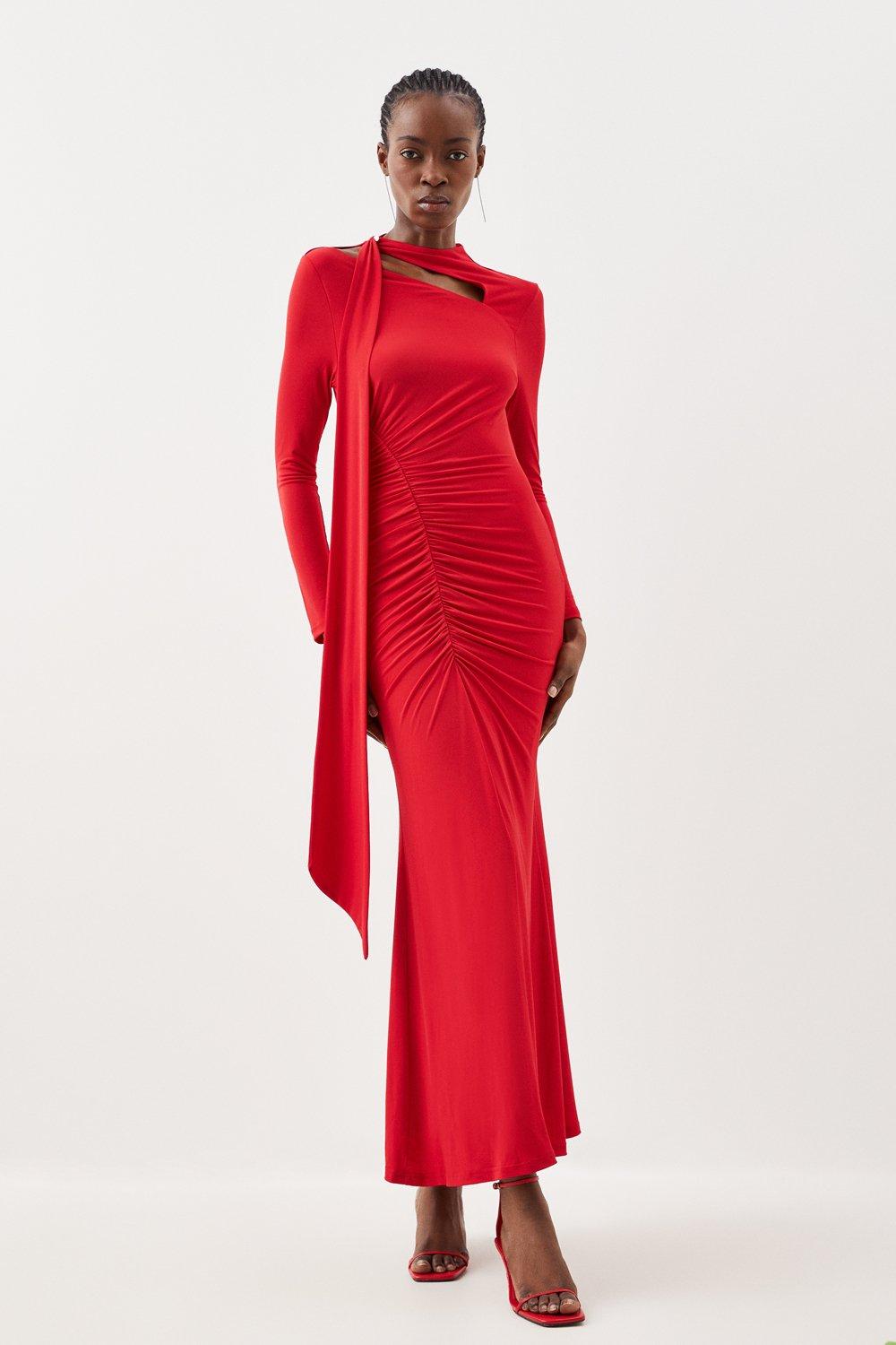 Jersey Crepe Ruched Tie Long Sleeve Maxi Dress | Karen Millen