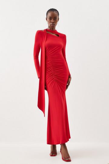 Red Jersey Crepe Ruched Tie Long Sleeve Maxi Dress