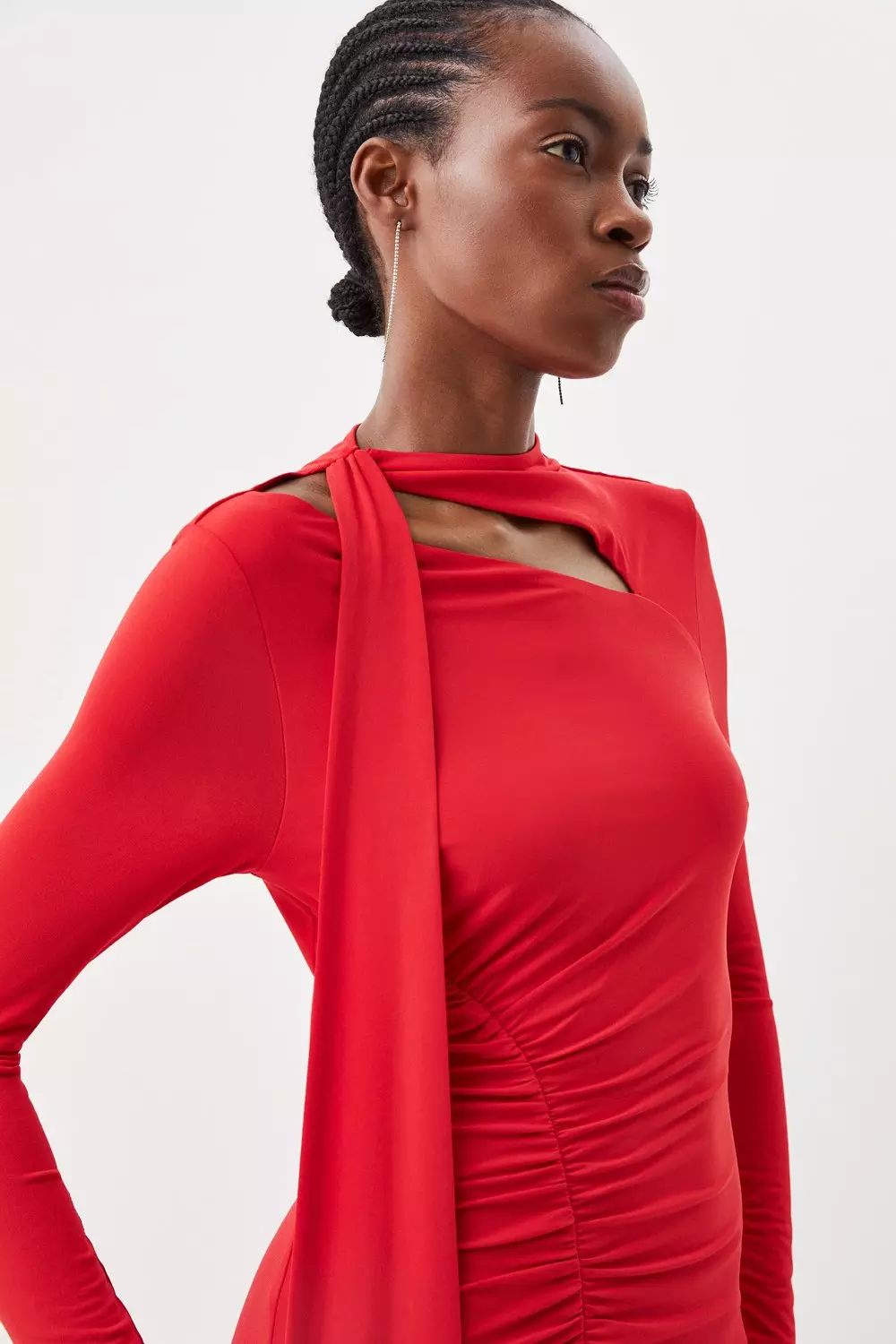 Red Jersey Crepe Ruched Tie Long Sleeve Maxi Dress alternative image