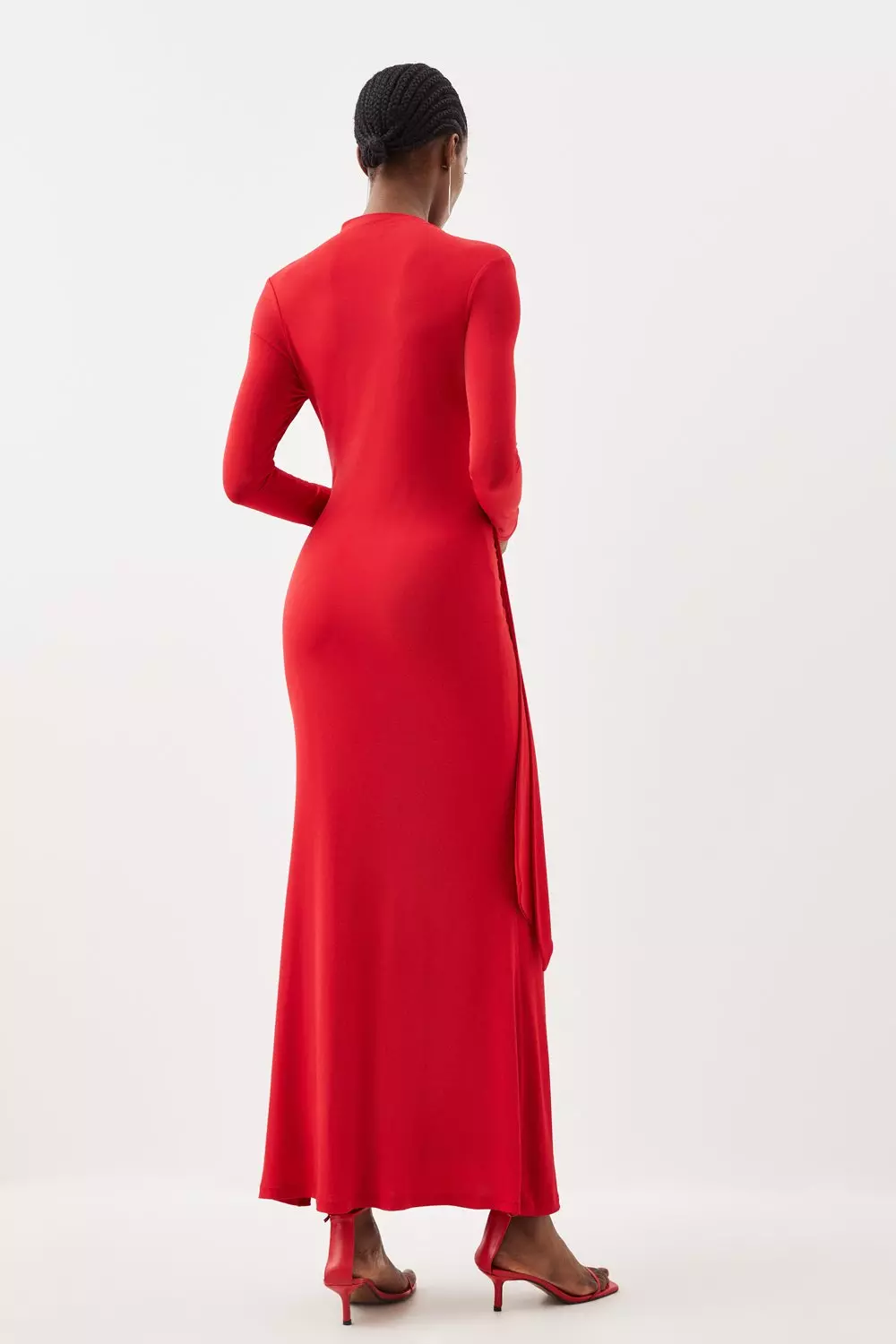 Red Jersey Crepe Ruched Tie Long Sleeve Maxi Dress alternative image