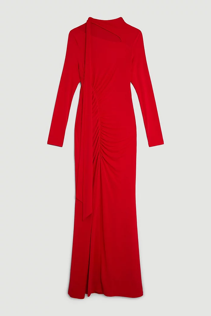 Jersey Crepe Ruched Tie Long Sleeve Maxi Dress | Karen Millen Jersey Crepe Ruched Tie Long Sleeve Maxi Dress | Karen Millen