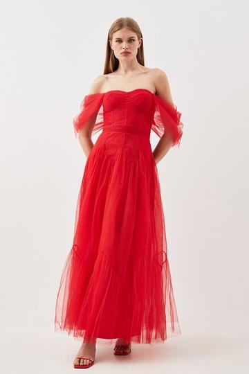 Tulle Corseted Woven Midi Dress red