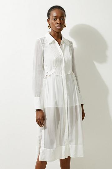 Ivory White Viscose Pintuck Shirt Woven Midi Dress