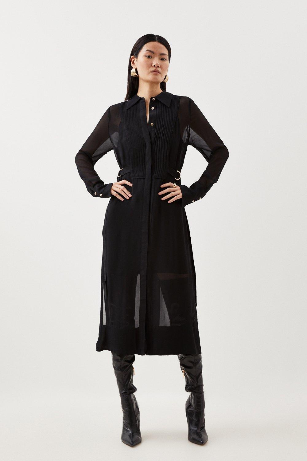 Petite Viscose Pintuck Shirt Midi Dress | Karen Millen