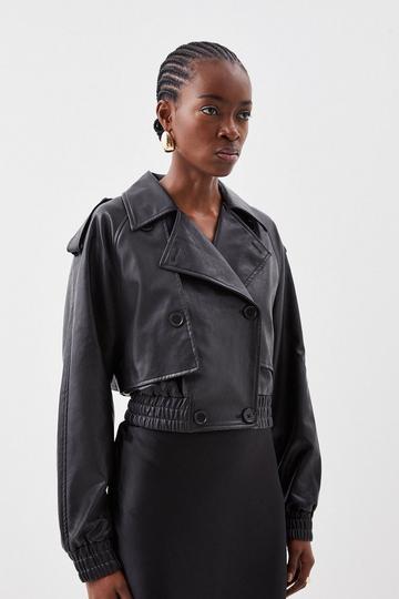 Black Faux Leather Tailored Bomber Mac Jacket