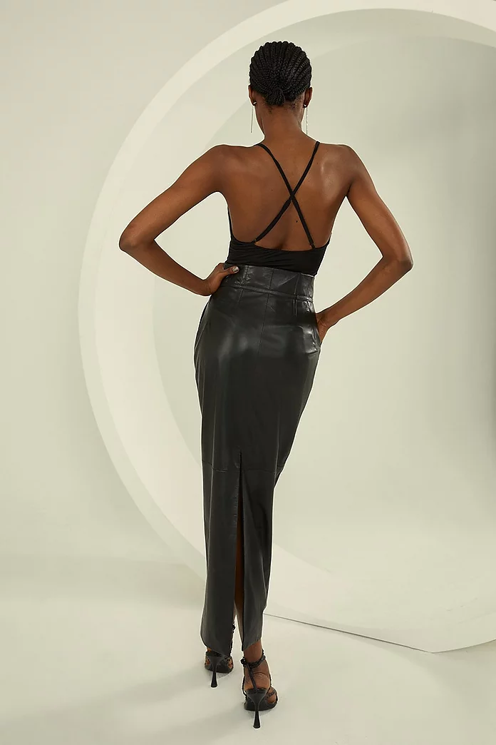 Leather Corset Detail High Waist Maxi Pencil Skirt | Karen Leather Corset Detail High Waist Maxi Pencil Skirt | Karen