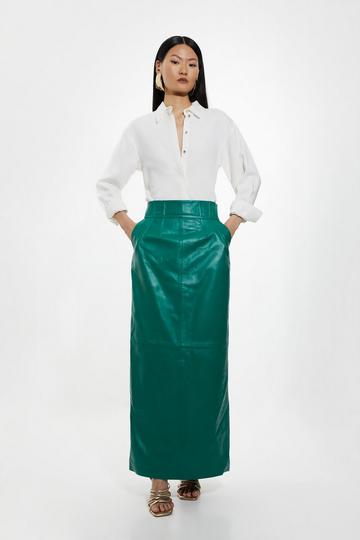 Green Leather Corset Detail High Waist Maxi Pencil Skirt