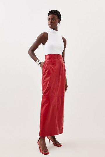 Leather Corset Detail High Waist Maxi Pencil Skirt red