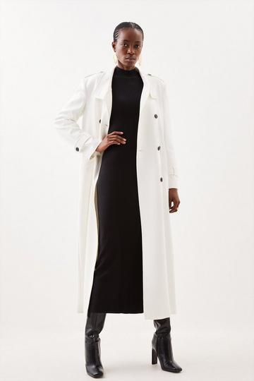 Compact Stretch Belted Double Breasted Maxi Tailored Coat ivory