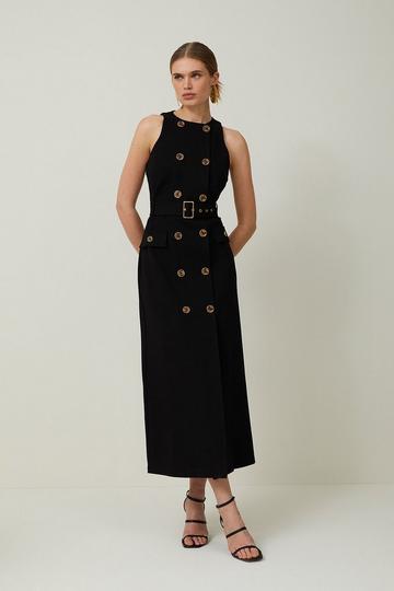 Black Ponte Button Detail Belted Midi Dress