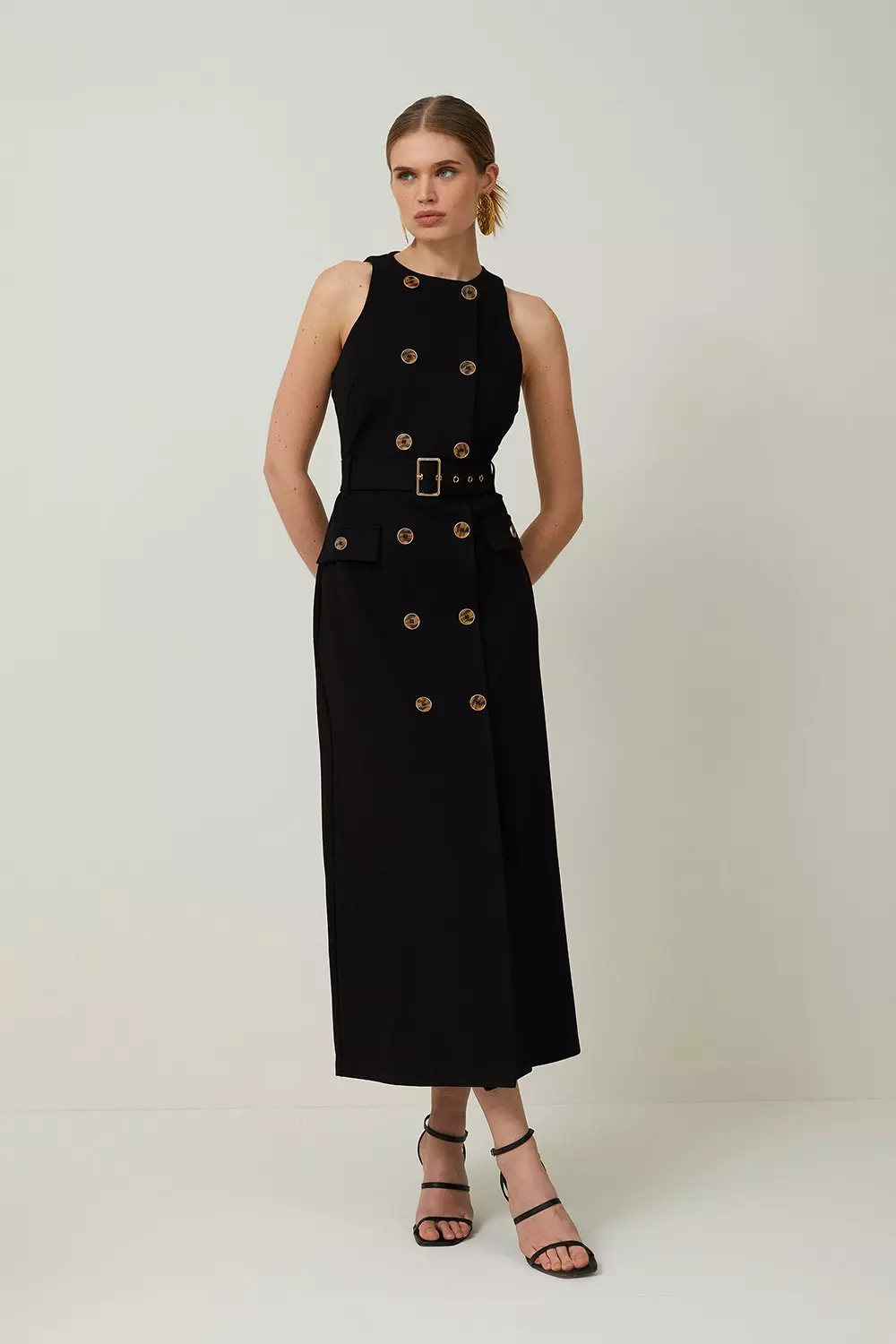 Ponte Button Detail Belted Midi Dress Karen Millen