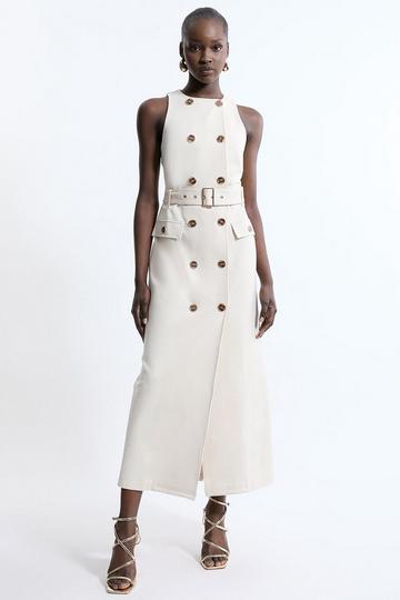 Cream White Ponte Button Detail Belted Midi Dress