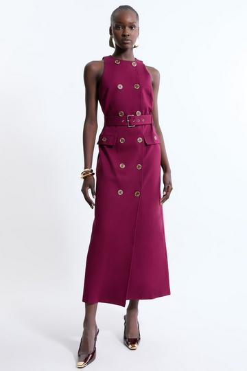 Ponte Button Detail Belted Midi Dress plum