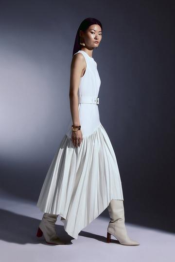 Ponte Pleated Waterfall Belted Midi Dress ivory