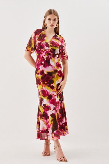 Petite Abstract Print Pleated Wide Sleeve Maxi Dress multi