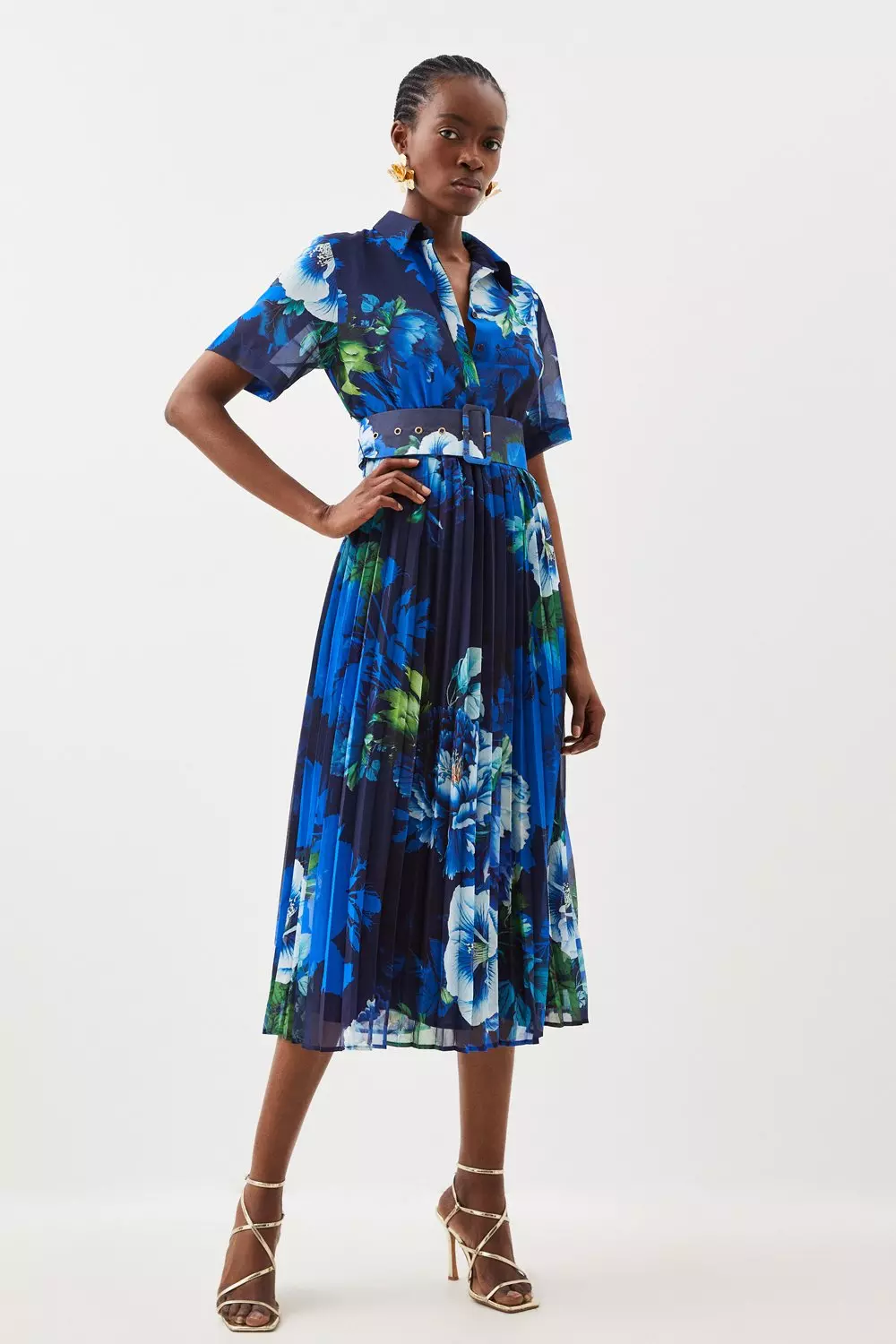 Rose Print Pleated Woven Shirt Midi Dress Karen Millen