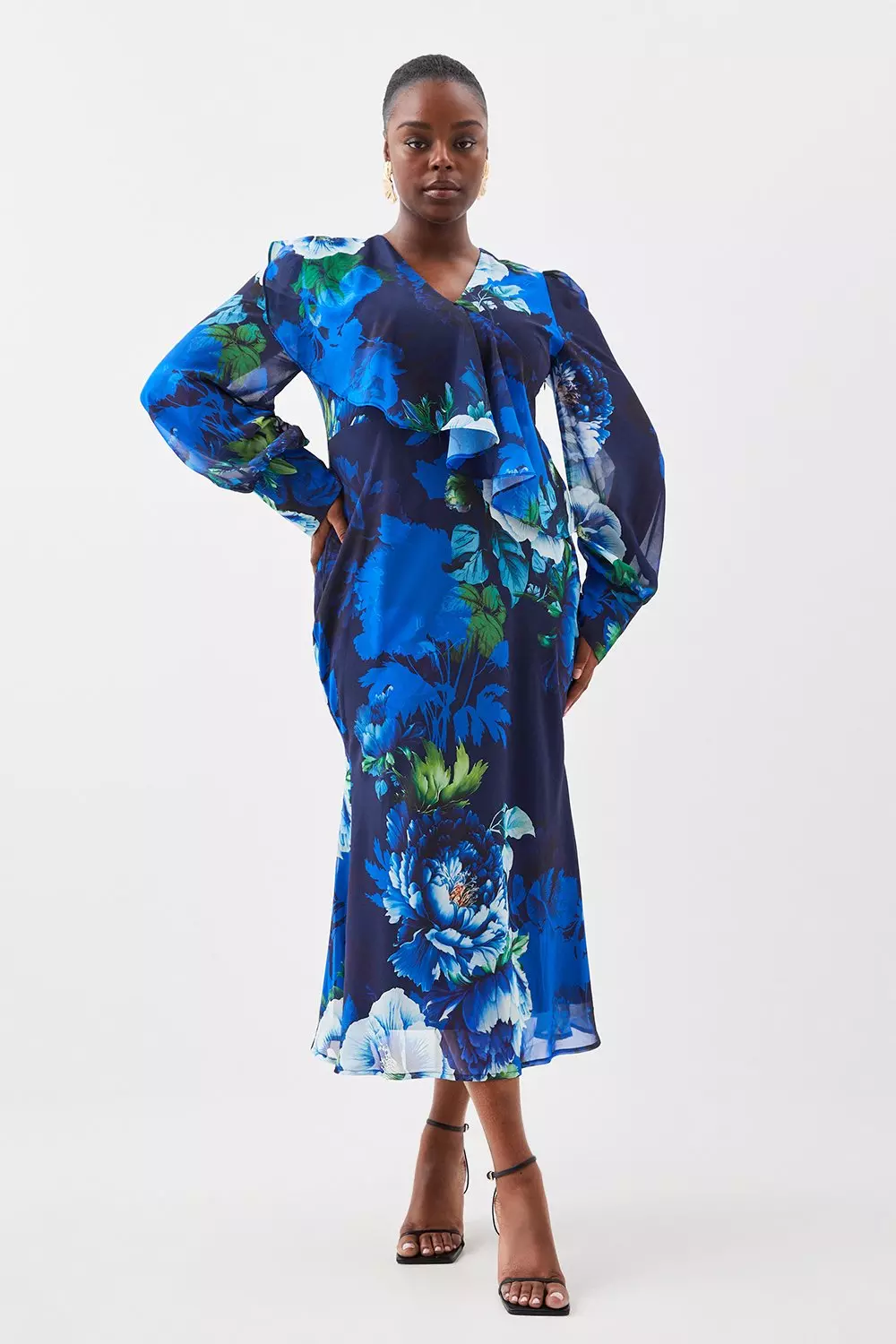 Plus Size Rose Print Ruffle Detail Long Sleeve Maxi Dress Karen Millen