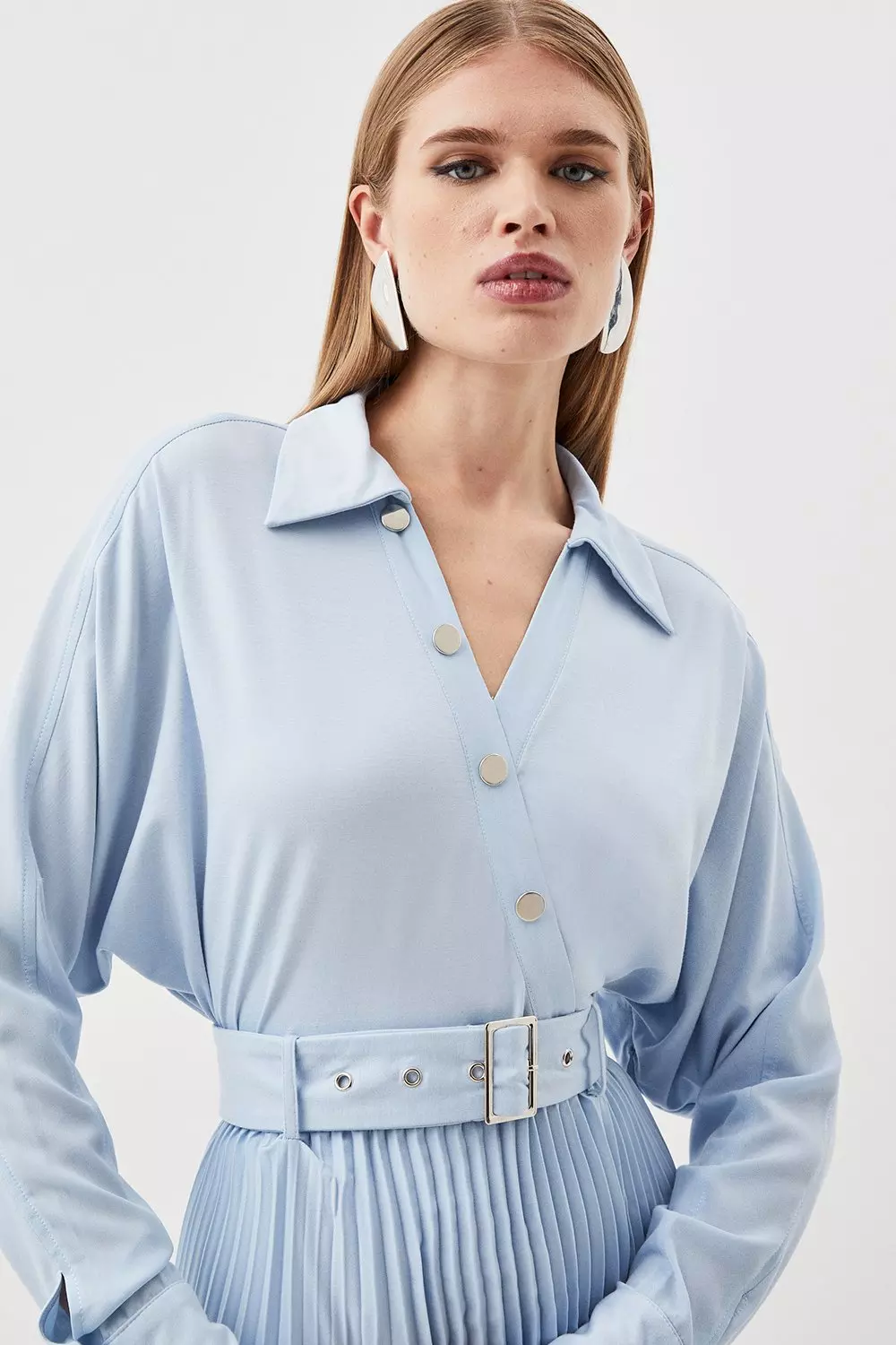 Jersey And Georgette Mix Belted Pleat Midi Dress | Karen Millen