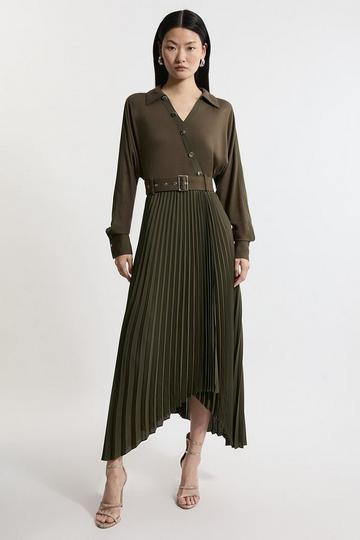 Jersey And Georgette Mix Belted Pleat Midi Dress khaki