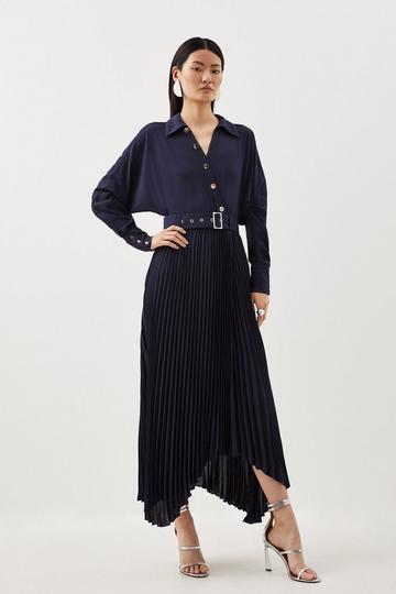 Jersey And Georgette Mix Belted Pleat Midi Dress navy