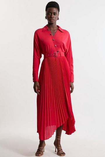 Jersey And Georgette Mix Belted Pleat Midi Dress red