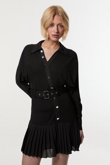 Black Jersey And Georgette Mix Belted Pleat Mini Dress