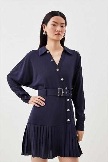 Jersey And Georgette Mix Belted Pleat Mini Dress navy