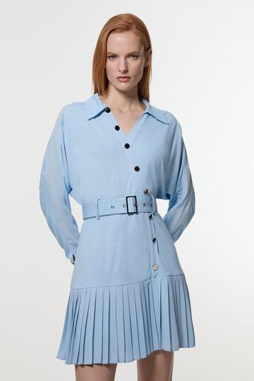 Blue Jersey And Georgette Mix Belted Pleat Mini Dress