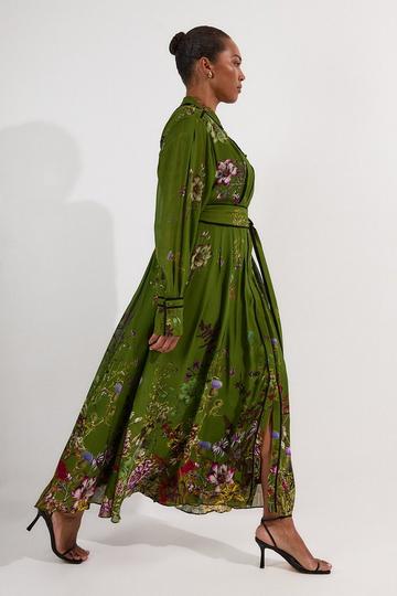 Khaki Lydia Millen Plus Size Viscose Floral Border Woven Midi Dress