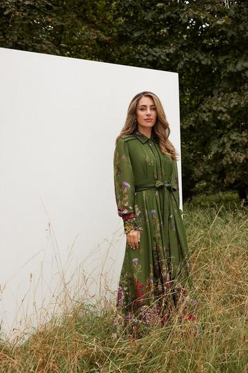 Khaki Lydia Millen Petite Viscose Floral Border Woven Shirt Midi Dress