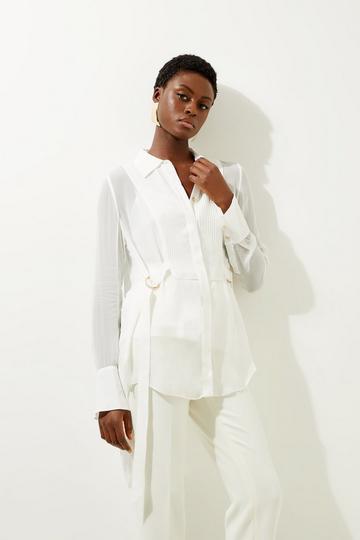 Viscose Georgette Pintuck Woven Longline Shirt with D Ring Detail ivory