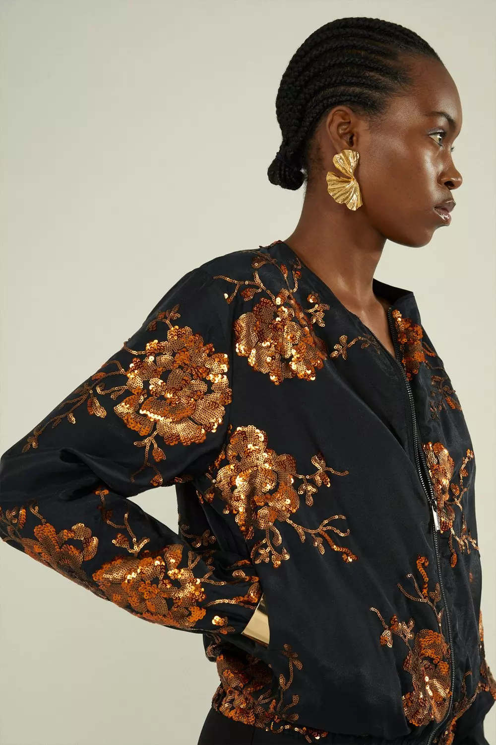 Sequin Organza Rose Print Bomber Jacket Karen Millen