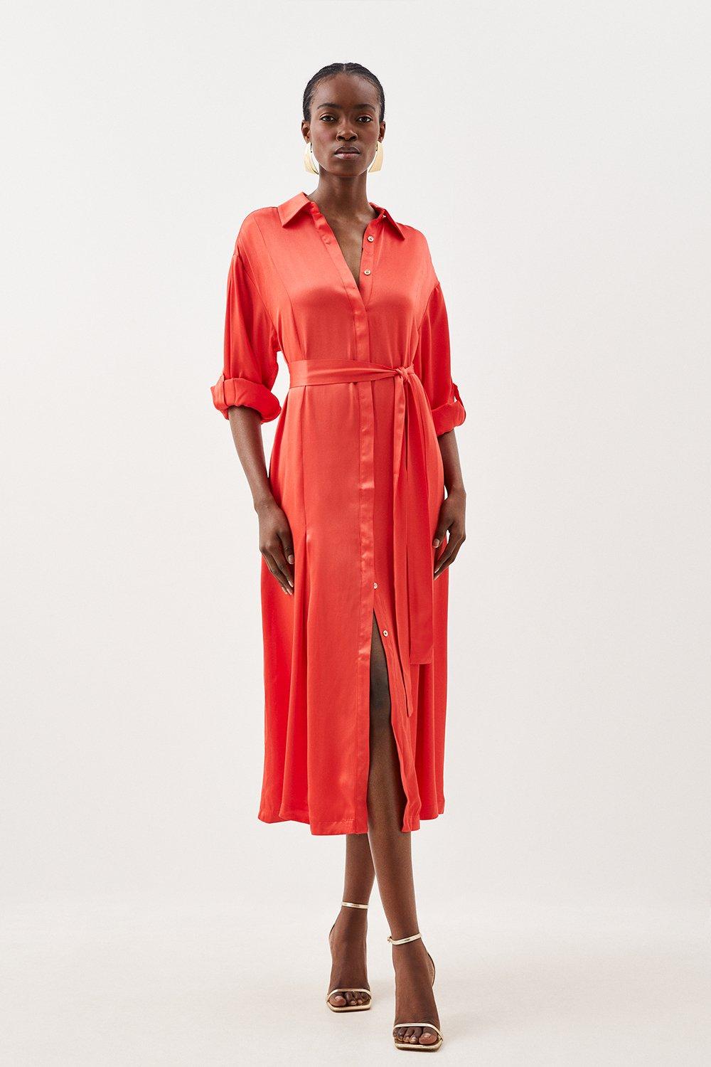 Premium Viscose Satin Long Sleeve Belted Shirt Midaxi Dress | Karen Millen