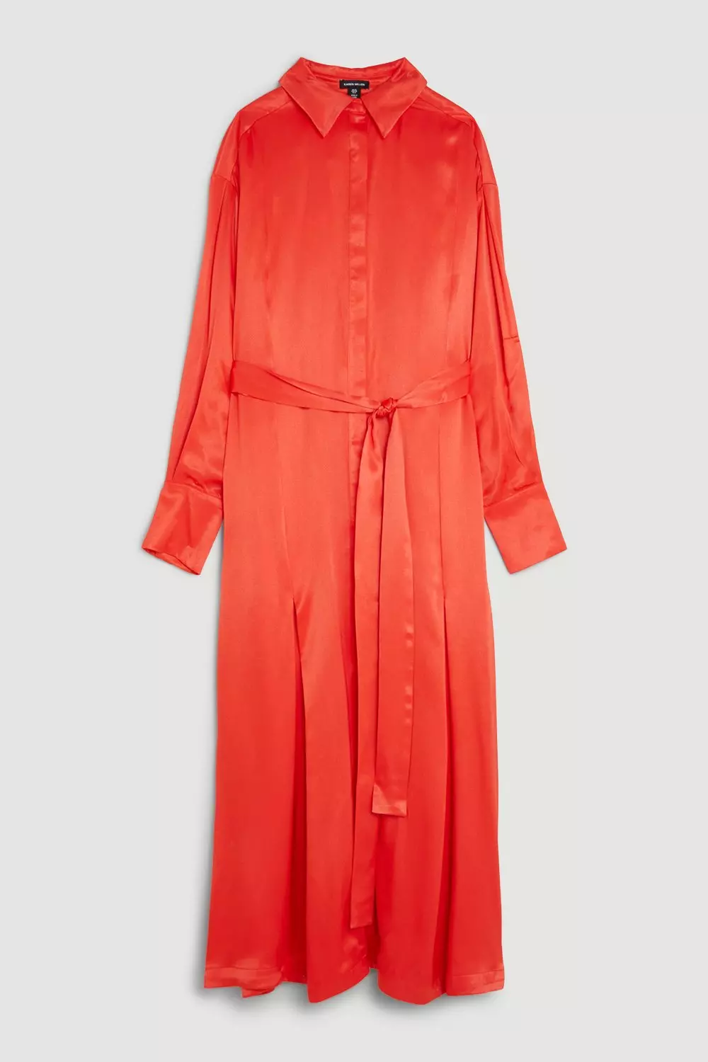 【Karen Millen】ブラーフローラル ドラマ タフタ マキシ Premium Viscose Satin Long Sleeve Belted Shirt Maxi Dress
