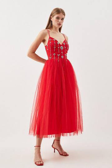Red Crystal Embellished Tulle Midi Dress