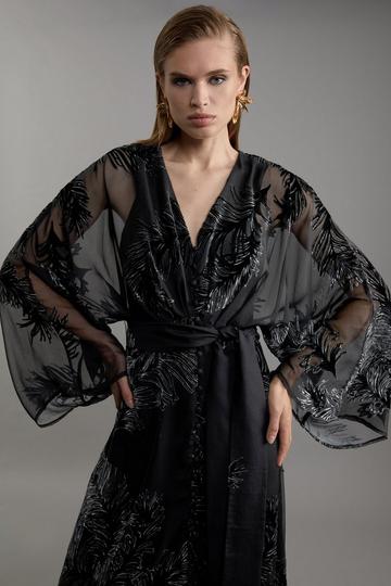 Black Feather Devore Woven Kimono Maxi Dress