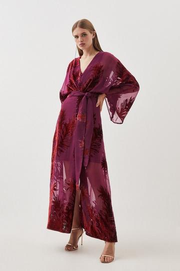 Feather Devore Woven Kimono Maxi Dress fig