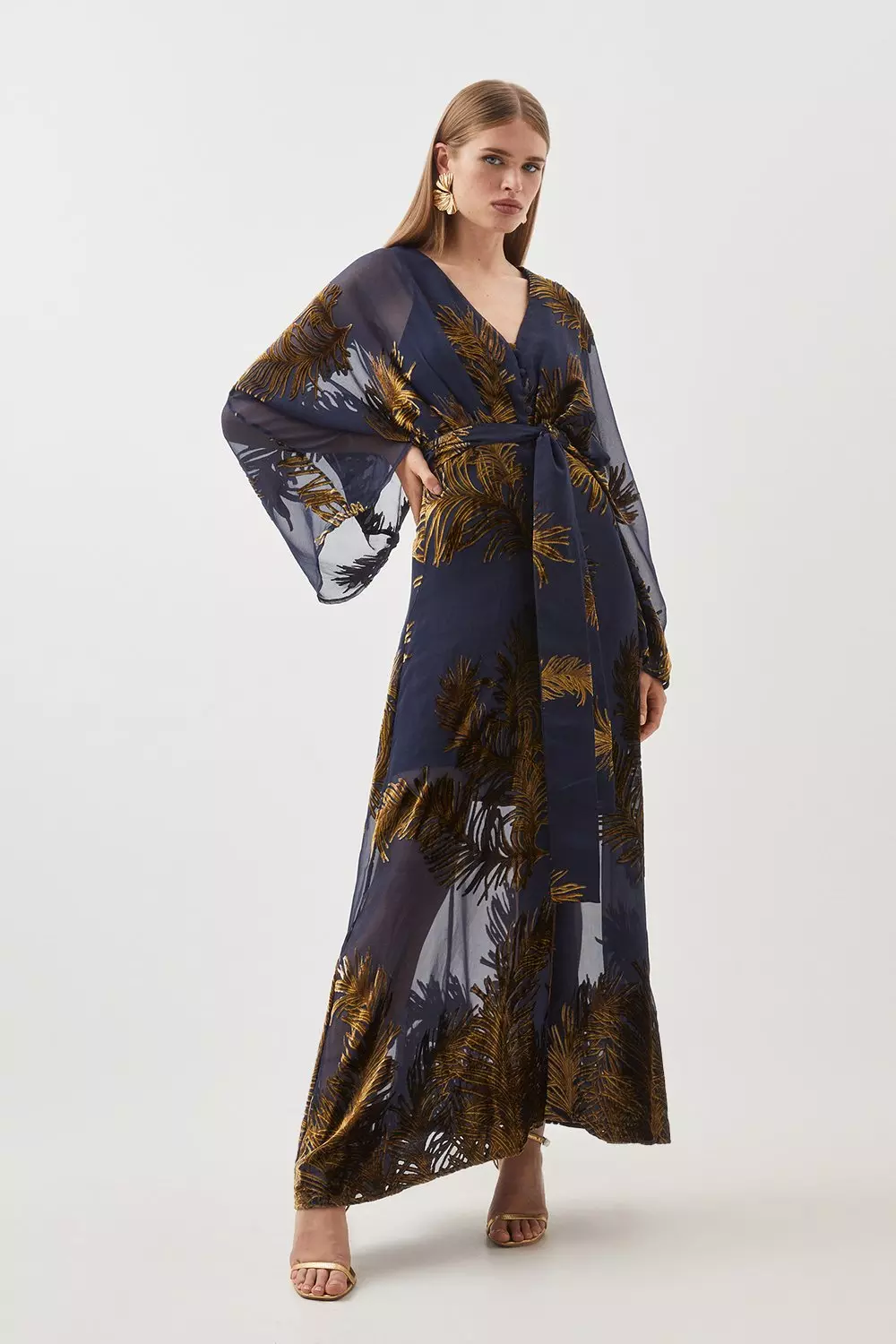 Feather Devore Woven Kimono Maxi Dress Karen Millen