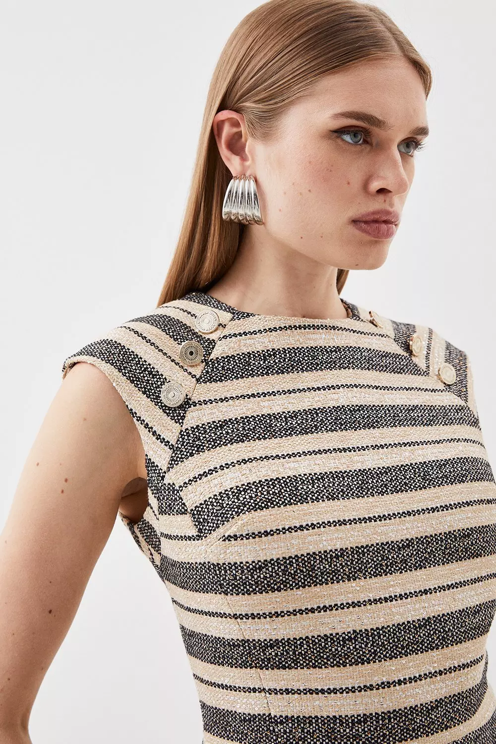 Tailored Striped Tweed Button Detail Cap Sleeve Mini Dress | Karen 