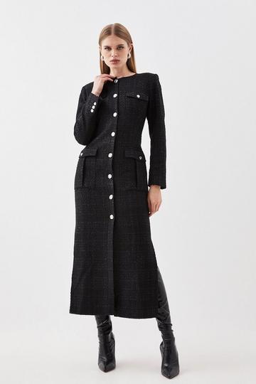 Tailored Sparkle Boucle Pocket Detail Long Sleeve Midi Dress black