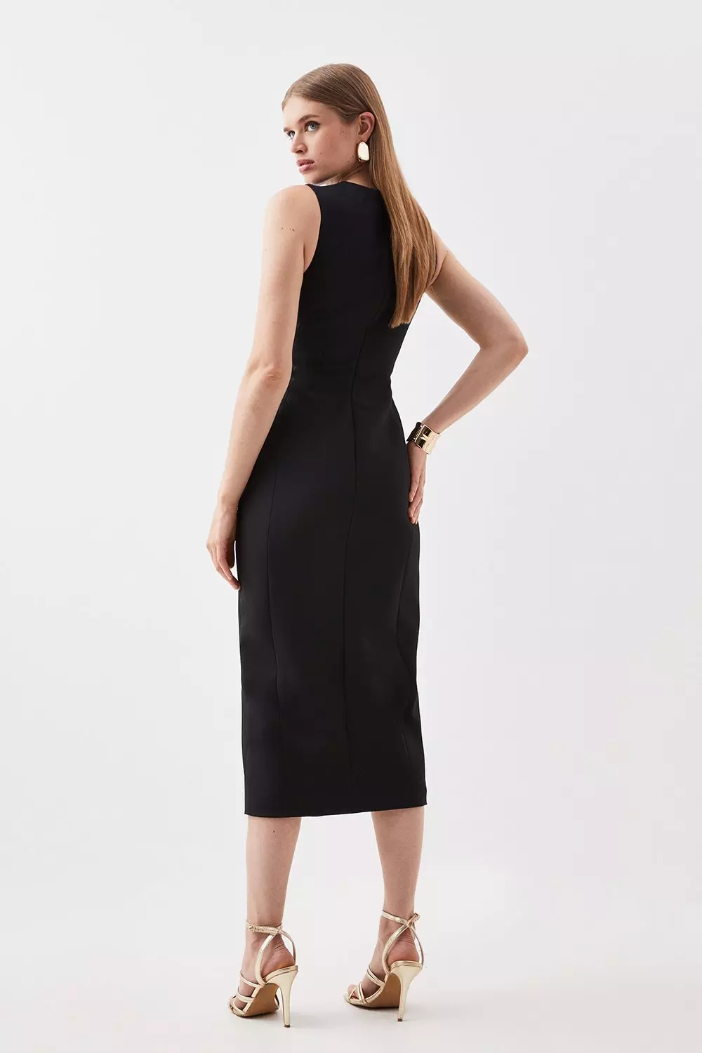 Tailored Compact Stretch Asymmetric Button Detail Midi Pencil Dress Karen Millen