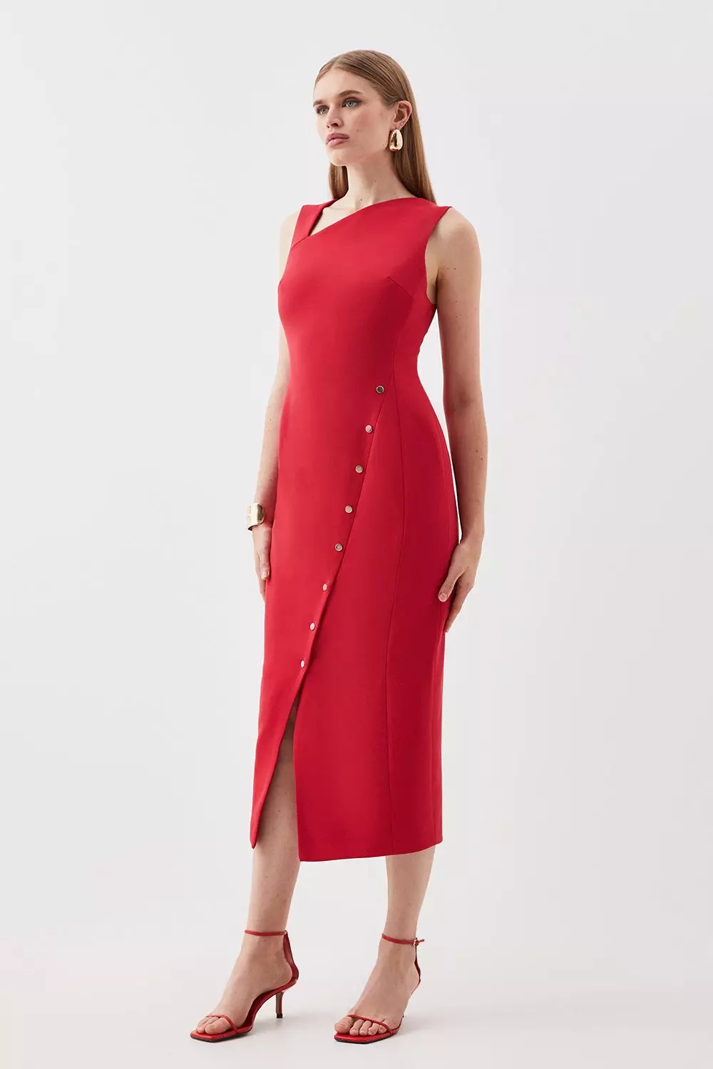 Tailored Compact Stretch Asymmetric Button Detail Midi Pencil Dress Karen Millen