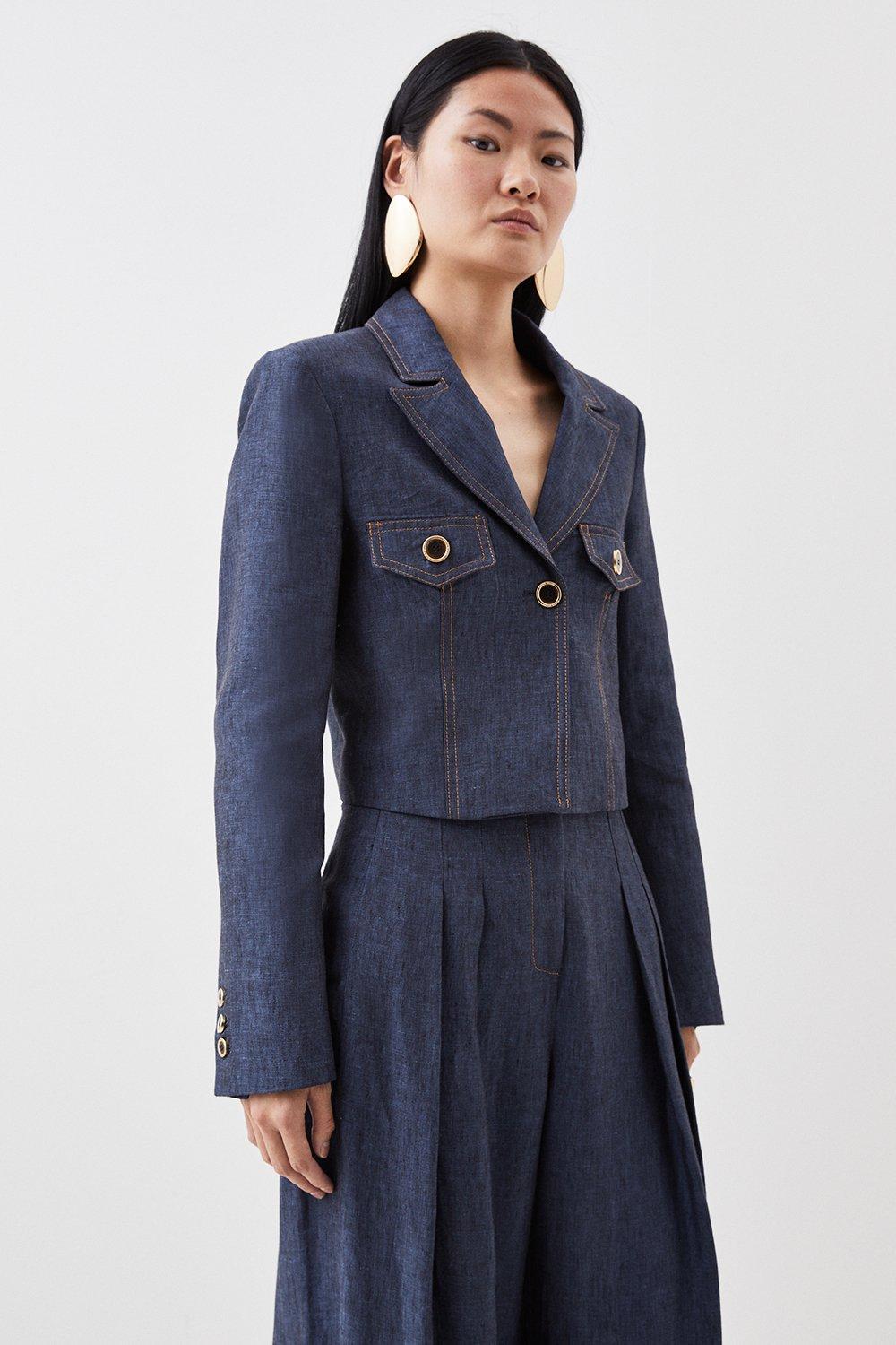 Indigo Premium Tailored Linen Cropped Pocket Detail Blazer 