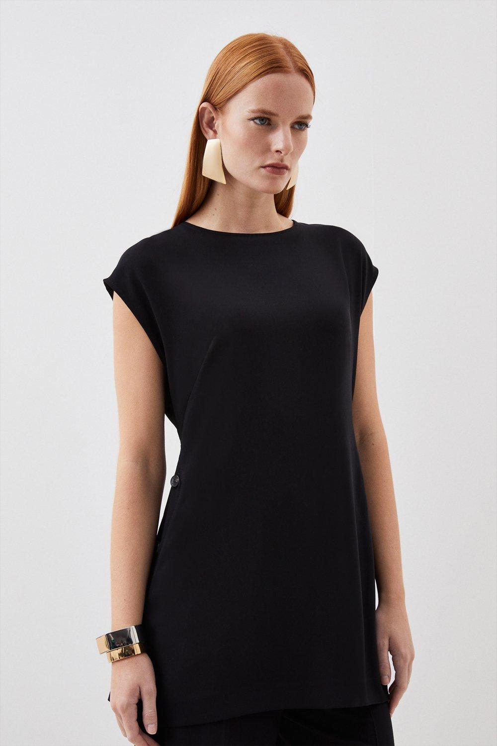 Black Soft Tailored Button Detail Sleeveless Top 